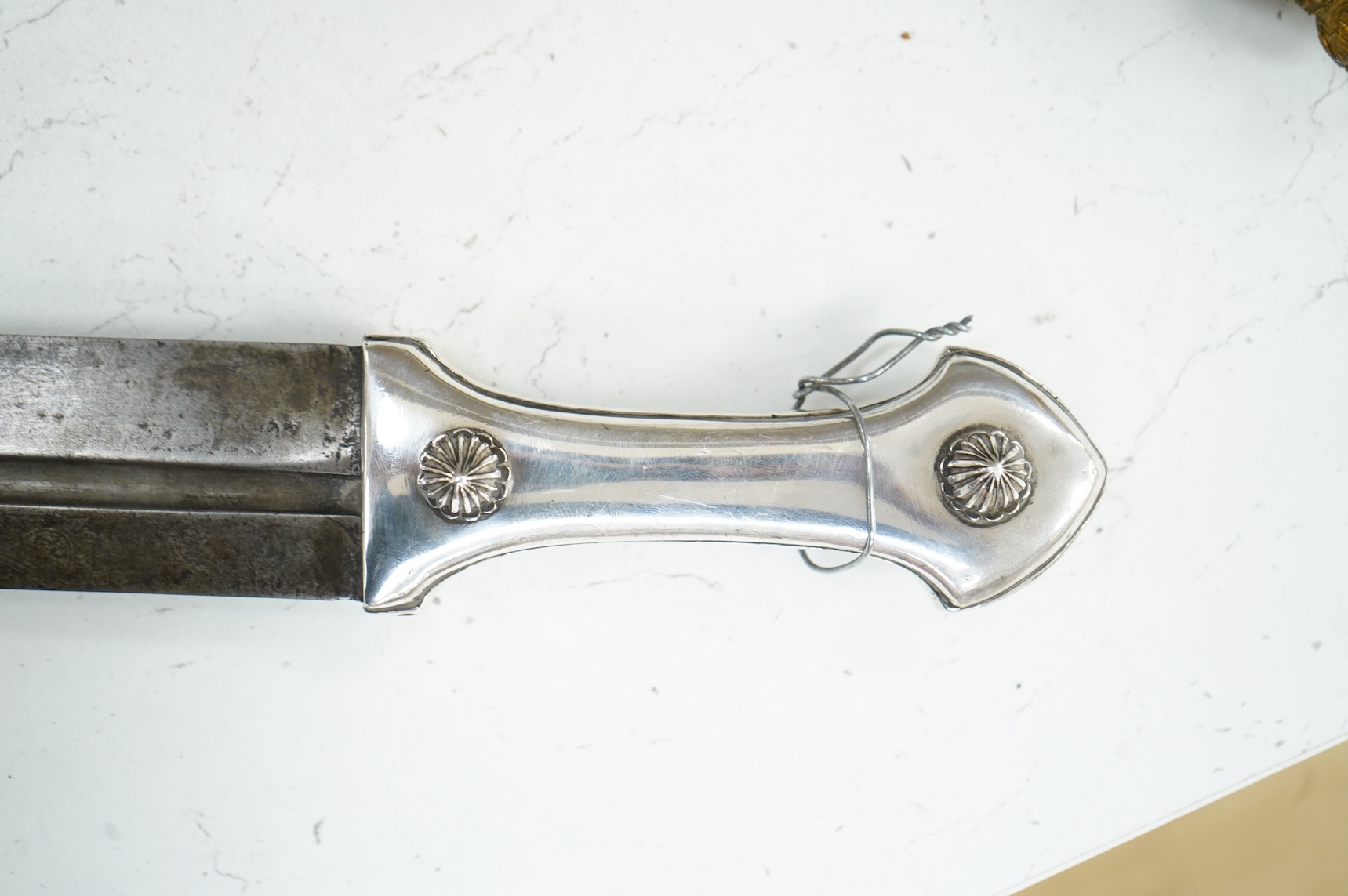 A late 19th century Ottoman Turkish dagger kindjal, blade 49cm, plain silver handle with decorative rivet heads